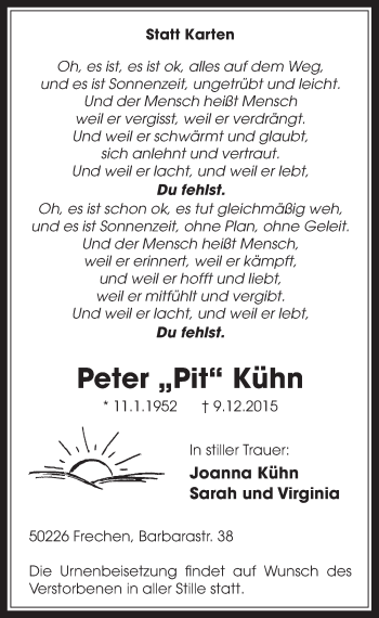 Anzeige von Peter Pit Kühn von  Wochenende 