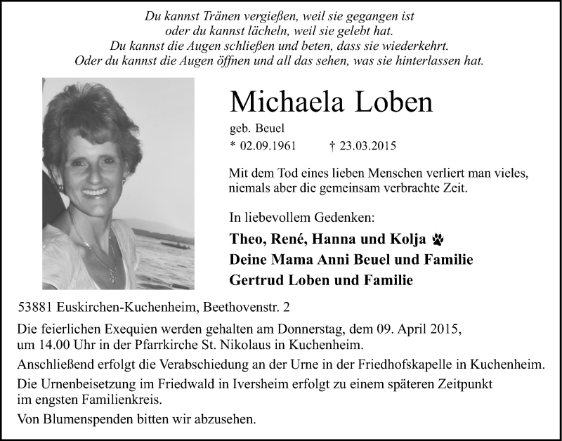  Traueranzeige für Michaela Loben vom 05.04.2015 aus  Blickpunkt Euskirchen 
