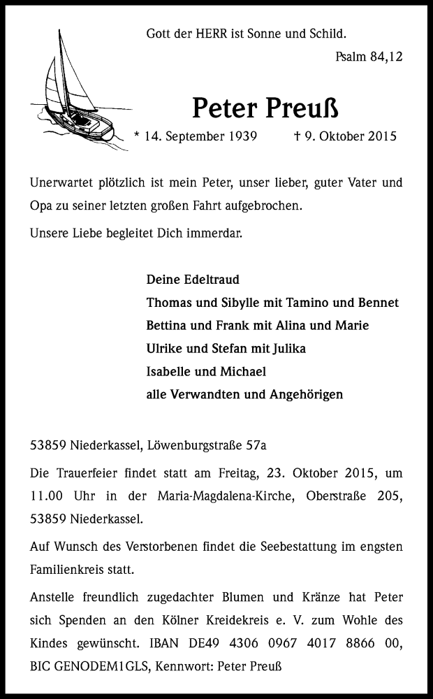  Traueranzeige für Peter Preuß vom 17.10.2015 aus Kölner Stadt-Anzeiger / Kölnische Rundschau / Express