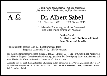 Anzeige von Albert  Sabel von Kölner Stadt-Anzeiger / Kölnische Rundschau / Express