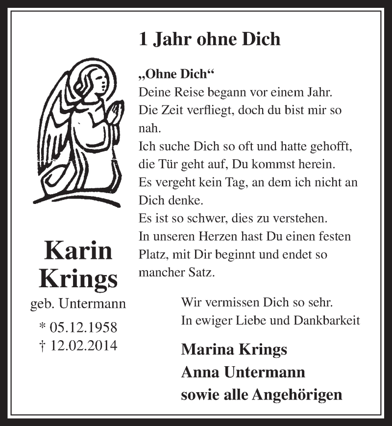  Traueranzeige für Karin Krings vom 18.02.2015 aus  Werbepost 