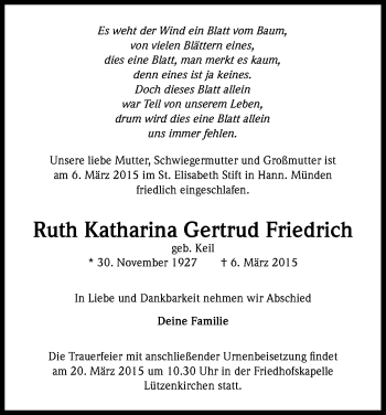 Anzeige von Ruth Katharina Gertrud Friedrich von Kölner Stadt-Anzeiger / Kölnische Rundschau / Express