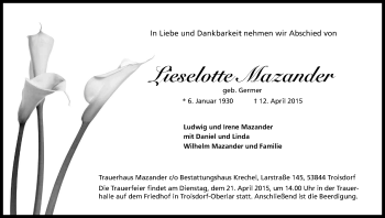 Anzeige von Lieselotte Mazander von Kölner Stadt-Anzeiger / Kölnische Rundschau / Express