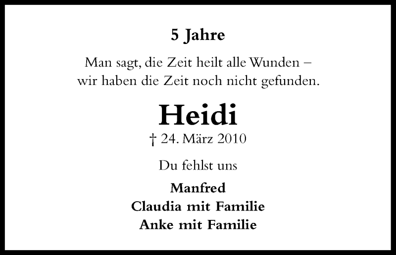  Traueranzeige für Heidi  vom 24.03.2015 aus Kölner Stadt-Anzeiger / Kölnische Rundschau / Express