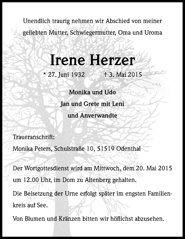  Traueranzeige für Irene Herzer vom 16.05.2015 aus Kölner Stadt-Anzeiger / Kölnische Rundschau / Express
