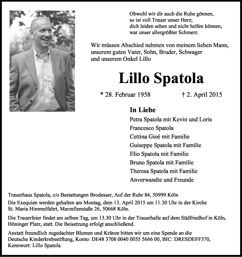  Traueranzeige für Lillo Spatola vom 09.04.2015 aus Kölner Stadt-Anzeiger / Kölnische Rundschau / Express