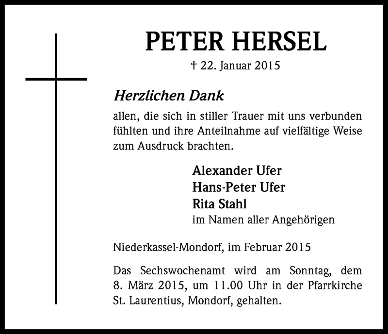  Traueranzeige für Peter Hersel vom 04.03.2015 aus Kölner Stadt-Anzeiger / Kölnische Rundschau / Express