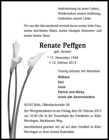 Anzeige von Renate Peffgen von Kölner Stadt-Anzeiger / Kölnische Rundschau / Express