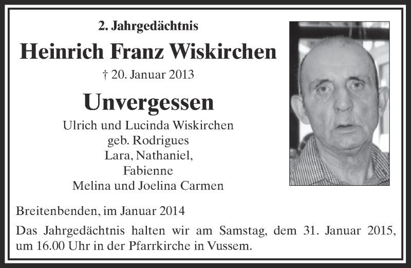  Traueranzeige für Heinrich Franz Wiskirchen vom 18.01.2015 aus  Blickpunkt Euskirchen 