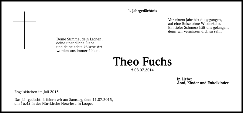  Traueranzeige für Theo Fuchs vom 10.07.2015 aus Kölner Stadt-Anzeiger / Kölnische Rundschau / Express
