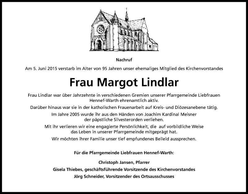  Traueranzeige für Margot Lindlar vom 13.06.2015 aus Kölner Stadt-Anzeiger / Kölnische Rundschau / Express
