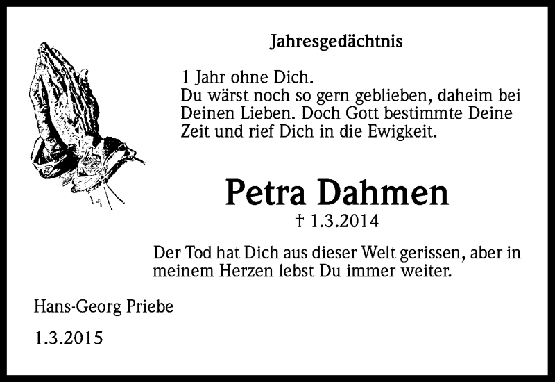  Traueranzeige für Petra Dahmen vom 28.02.2015 aus Kölner Stadt-Anzeiger / Kölnische Rundschau / Express