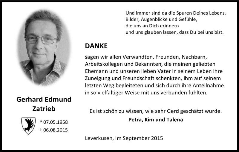  Traueranzeige für Gerhard Edmund Zatrieb vom 19.09.2015 aus Kölner Stadt-Anzeiger / Kölnische Rundschau / Express