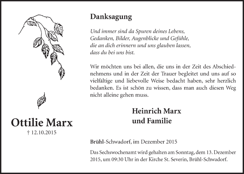  Traueranzeige für Ottilie Marx vom 02.12.2015 aus  Schlossbote/Werbekurier 