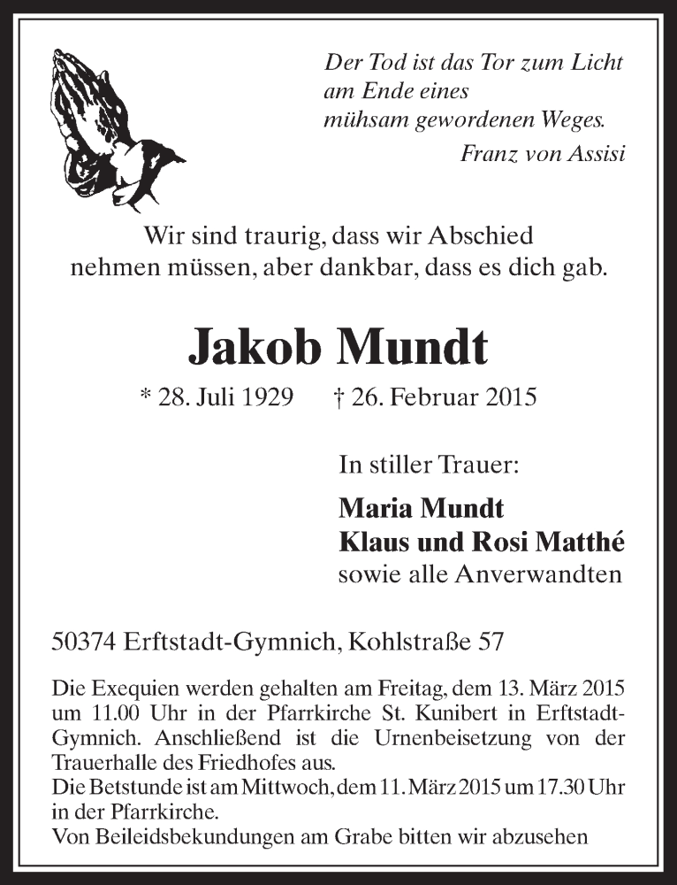  Traueranzeige für Jakob Mundt vom 07.03.2015 aus  Sonntags-Post 