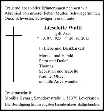 Anzeige von Lieselotte Wulff von Kölner Stadt-Anzeiger / Kölnische Rundschau / Express