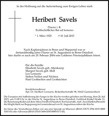 Anzeige von Heribert Savels von Kölner Stadt-Anzeiger / Kölnische Rundschau / Express