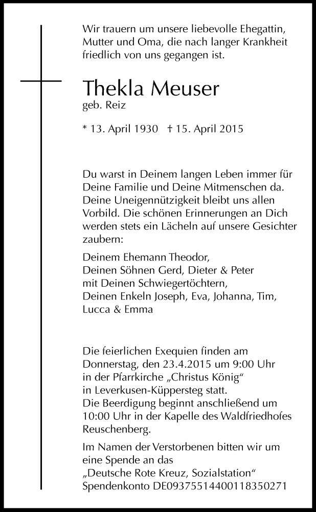  Traueranzeige für Thekla Meuser vom 18.04.2015 aus Kölner Stadt-Anzeiger / Kölnische Rundschau / Express