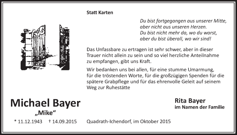  Traueranzeige für Michael Bayer vom 17.10.2015 aus  Sonntags-Post 