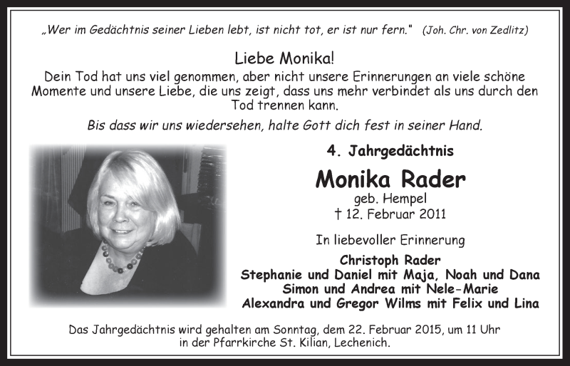  Traueranzeige für Monika Rader vom 11.02.2015 aus  Werbepost 