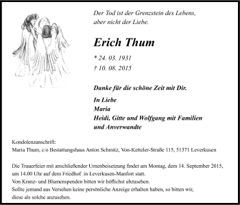 Anzeige von Erich Thum von Kölner Stadt-Anzeiger / Kölnische Rundschau / Express