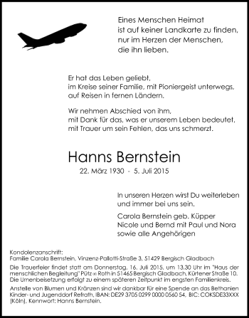 Anzeige von Hanns Bernstein von Kölner Stadt-Anzeiger / Kölnische Rundschau / Express