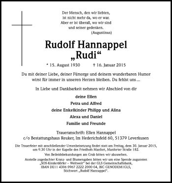 Anzeige von Rudolf Hannappel von Kölner Stadt-Anzeiger / Kölnische Rundschau / Express