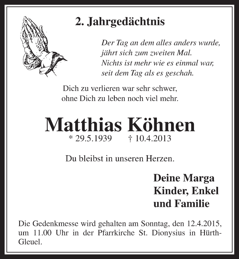  Traueranzeige für Matthias Köhnen vom 08.04.2015 aus  Wochenende 