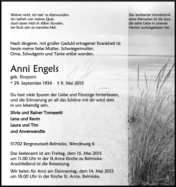 Anzeige von Anni Engels von Kölner Stadt-Anzeiger / Kölnische Rundschau / Express