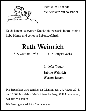 Anzeige von Ruth Weinrich von Kölner Stadt-Anzeiger / Kölnische Rundschau / Express