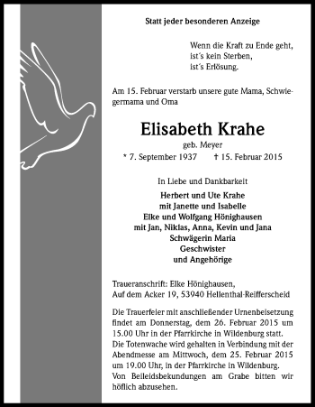 Anzeige von Elisabeth Krahe von Kölner Stadt-Anzeiger / Kölnische Rundschau / Express