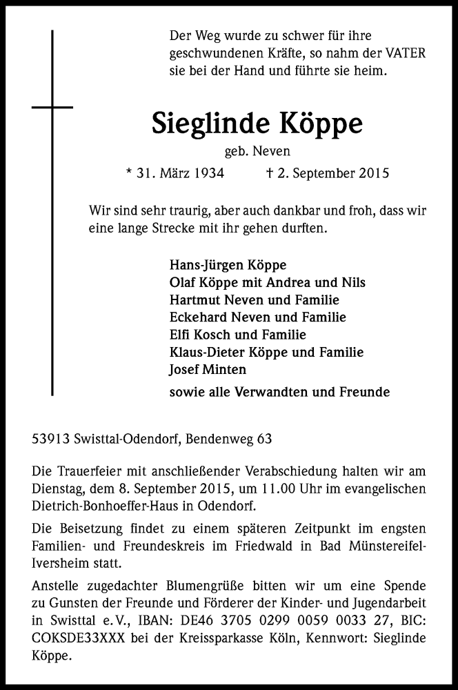  Traueranzeige für Sieglinde Köppe vom 05.09.2015 aus Kölner Stadt-Anzeiger / Kölnische Rundschau / Express