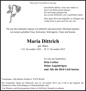 Anzeige von Maria Dittrich von Kölner Stadt-Anzeiger / Kölnische Rundschau / Express