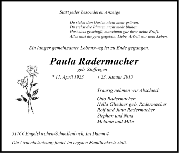 Anzeige von Paula Radermacher von Kölner Stadt-Anzeiger / Kölnische Rundschau / Express