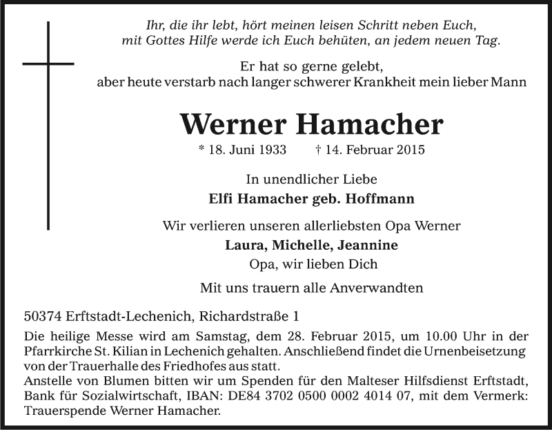  Traueranzeige für Werner Hamacher vom 21.02.2015 aus Kölner Stadt-Anzeiger / Kölnische Rundschau / Express