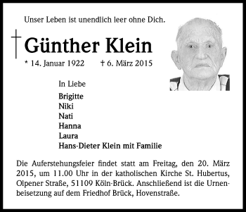 Anzeige von Günther Klein von Kölner Stadt-Anzeiger / Kölnische Rundschau / Express