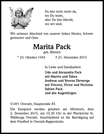 Anzeige von Marita Pack von Kölner Stadt-Anzeiger / Kölnische Rundschau / Express