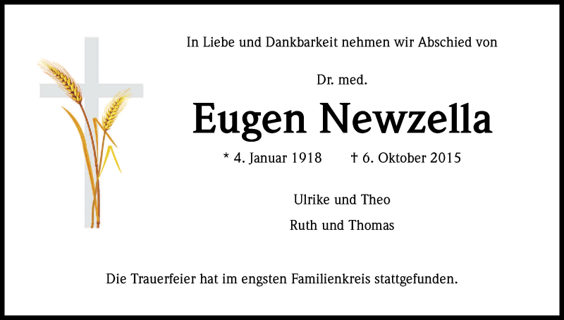  Traueranzeige für Eugen Newzella vom 17.10.2015 aus Kölner Stadt-Anzeiger / Kölnische Rundschau / Express