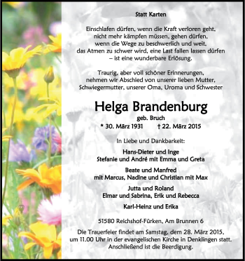 Anzeige von Helga Brandenburg von Kölner Stadt-Anzeiger / Kölnische Rundschau / Express