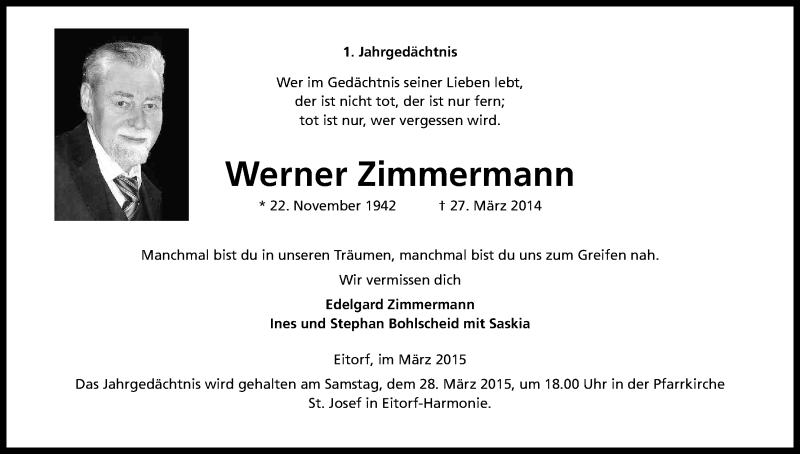  Traueranzeige für Werner Zimmermann vom 25.03.2015 aus Kölner Stadt-Anzeiger / Kölnische Rundschau / Express
