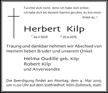 Anzeige von Herbert Kilp von Kölner Stadt-Anzeiger / Kölnische Rundschau / Express