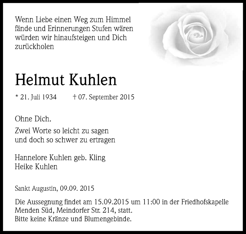  Traueranzeige für Helmut Kuhlen vom 10.09.2015 aus Kölner Stadt-Anzeiger / Kölnische Rundschau / Express