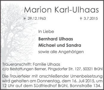 Anzeige von Marion Karl-Ulhaas von  Schlossbote/Werbekurier 
