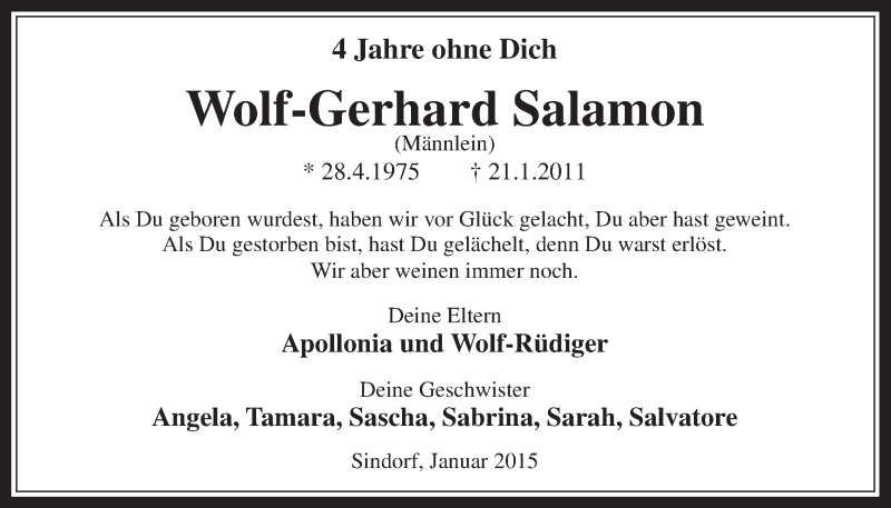  Traueranzeige für Wolf-Gerhard Salamon vom 17.01.2015 aus  Sonntags-Post 