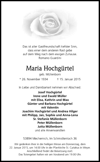 Anzeige von Maria Hochgürtel von Kölner Stadt-Anzeiger / Kölnische Rundschau / Express