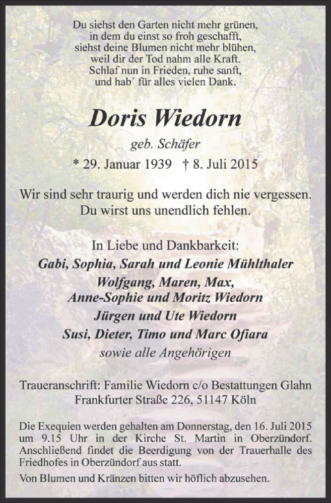  Traueranzeige für Doris Wiedorn vom 15.07.2015 aus  Kölner Wochenspiegel 