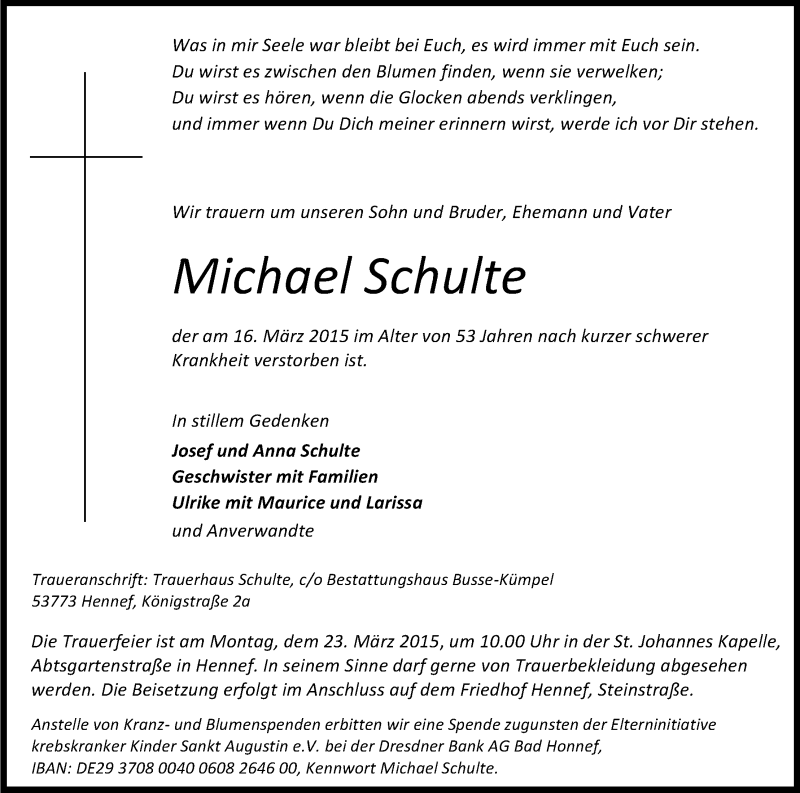  Traueranzeige für Michael Schulte vom 19.03.2015 aus Kölner Stadt-Anzeiger / Kölnische Rundschau / Express