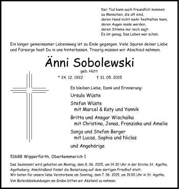 Anzeige von Änni Sobolewski von Kölner Stadt-Anzeiger / Kölnische Rundschau / Express