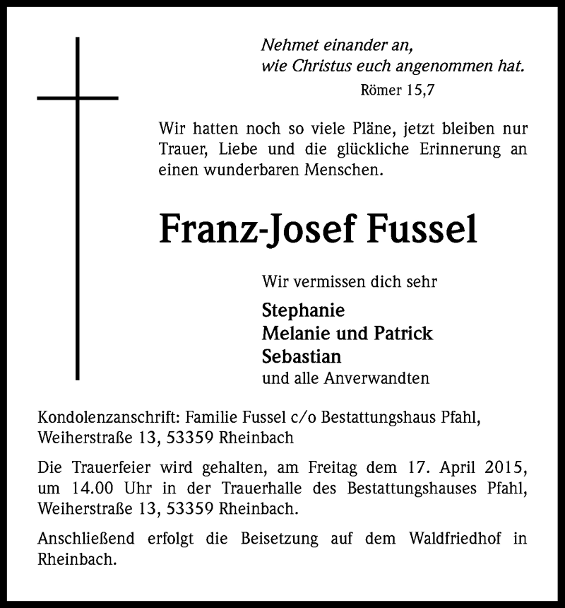  Traueranzeige für Franz-Josef Fussel vom 11.04.2015 aus Kölner Stadt-Anzeiger / Kölnische Rundschau / Express