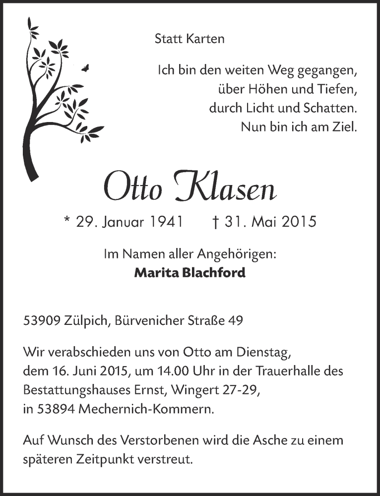  Traueranzeige für Otto Klasen vom 07.06.2015 aus  Blickpunkt Euskirchen 